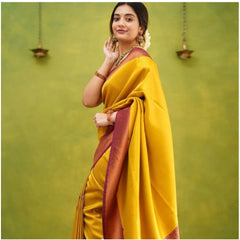 Mayawye Women's Soft Litchi Silk Jacquard Work Saree With Unstitched Blouse 5.5Mtr (Yellow)