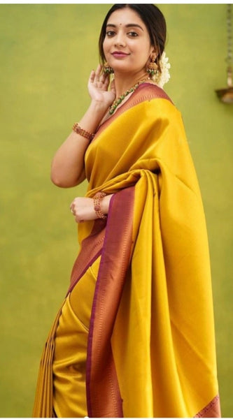 Mayawye Women's Soft Litchi Silk Jacquard Work Saree With Unstitched Blouse 5.5Mtr (Yellow)