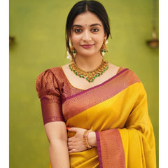 Mayawye Women's Soft Litchi Silk Jacquard Work Saree With Unstitched Blouse 5.5Mtr (Yellow)