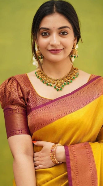 Mayawye Women's Soft Litchi Silk Jacquard Work Saree With Unstitched Blouse 5.5Mtr (Yellow)
