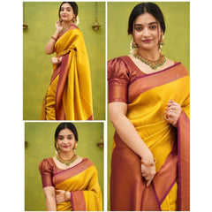 Mayawye Women's Soft Litchi Silk Jacquard Work Saree With Unstitched Blouse 5.5Mtr (Yellow)