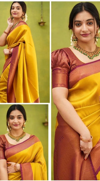 Mayawye Women's Soft Litchi Silk Jacquard Work Saree With Unstitched Blouse 5.5Mtr (Yellow)