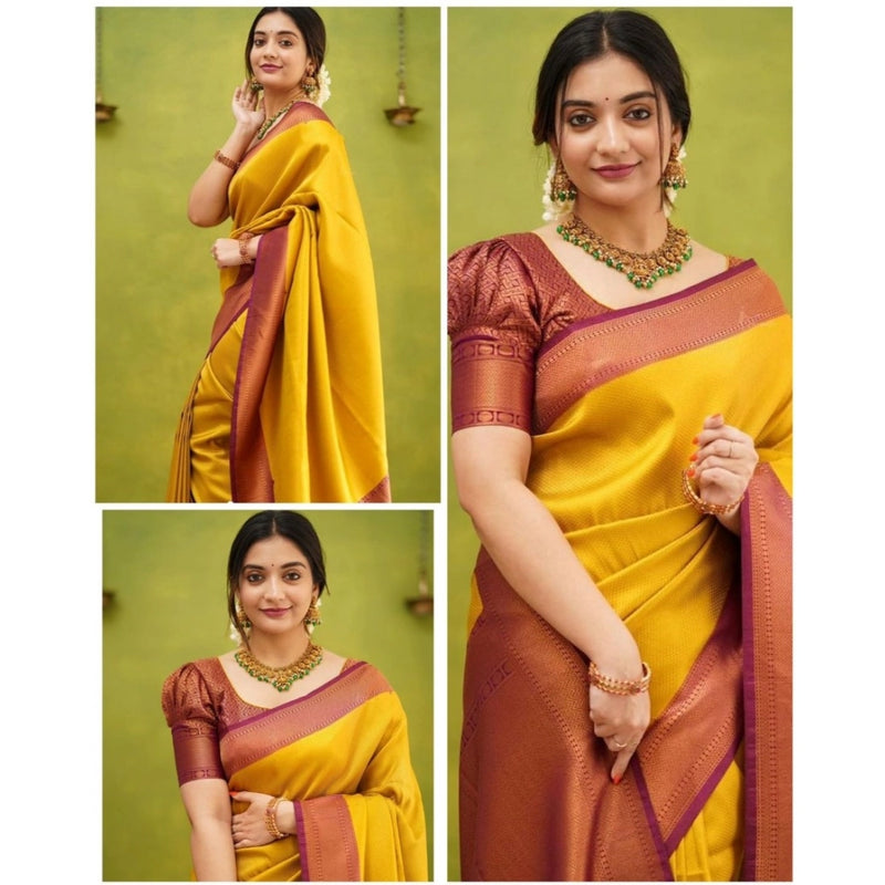 Mayawye Women's Soft Litchi Silk Jacquard Work Saree With Unstitched Blouse 5.5Mtr (Yellow)