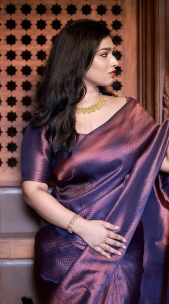 Mayawye Women's Soft Litchi Silk Jacquard Work Saree With Unstitched Blouse 5.5Mtr (Purple)