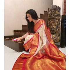 Mayawye Women's Soft Litchi Silk Jacquard Work Saree With Unstitched Blouse 5.5Mtr (White)