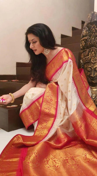 Mayawye Women's Soft Litchi Silk Jacquard Work Saree With Unstitched Blouse 5.5Mtr (White)
