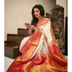 Mayawye Women's Soft Litchi Silk Jacquard Work Saree With Unstitched Blouse 5.5Mtr (White)