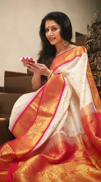 Mayawye Women's Soft Litchi Silk Jacquard Work Saree With Unstitched Blouse 5.5Mtr (White)