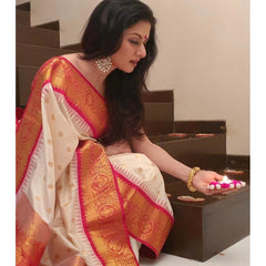 Mayawye Women's Soft Litchi Silk Jacquard Work Saree With Unstitched Blouse 5.5Mtr (White)