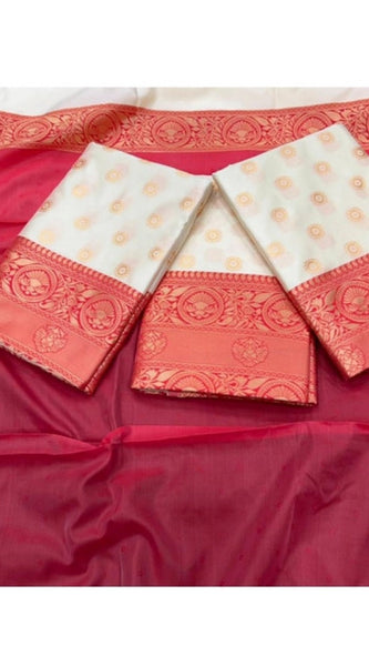 Mayawye Women's Soft Litchi Silk Jacquard Work Saree With Unstitched Blouse 5.5Mtr (White)