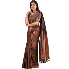 Mayawye Women's Soft Litchi Silk Jacquard Work Saree With Unstitched Blouse 5.5Mtr (Brown)