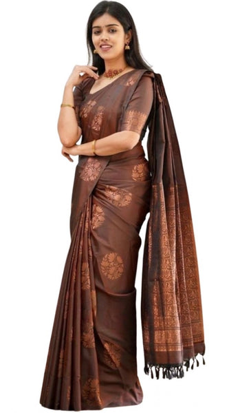 Mayawye Women's Soft Litchi Silk Jacquard Work Saree With Unstitched Blouse 5.5Mtr (Brown)