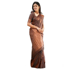 Mayawye Women's Soft Litchi Silk Jacquard Work Saree With Unstitched Blouse 5.5Mtr (Brown)
