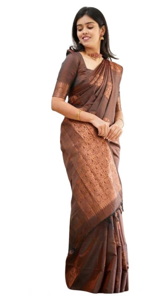 Mayawye Women's Soft Litchi Silk Jacquard Work Saree With Unstitched Blouse 5.5Mtr (Brown)