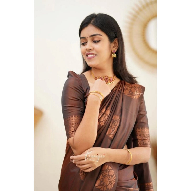 Mayawye Women's Soft Litchi Silk Jacquard Work Saree With Unstitched Blouse 5.5Mtr (Brown)