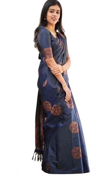 Mayawye Women's Soft Litchi Silk Jacquard Work Saree With Unstitched Blouse 5.5Mtr (Blue)