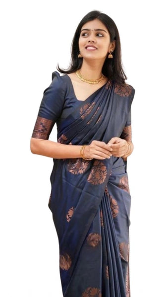 Mayawye Women's Soft Litchi Silk Jacquard Work Saree With Unstitched Blouse 5.5Mtr (Blue)