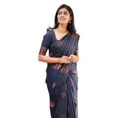 Mayawye Women's Soft Litchi Silk Jacquard Work Saree With Unstitched Blouse 5.5Mtr (Blue)