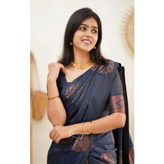 Mayawye Women's Soft Litchi Silk Jacquard Work Saree With Unstitched Blouse 5.5Mtr (Blue)