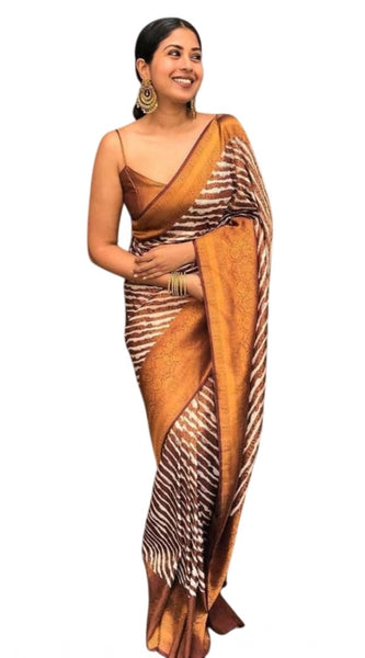 Mayawye Women's Soft Litchi Silk Jacquard Work Saree With Unstitched Blouse 5.5Mtr (Brown)