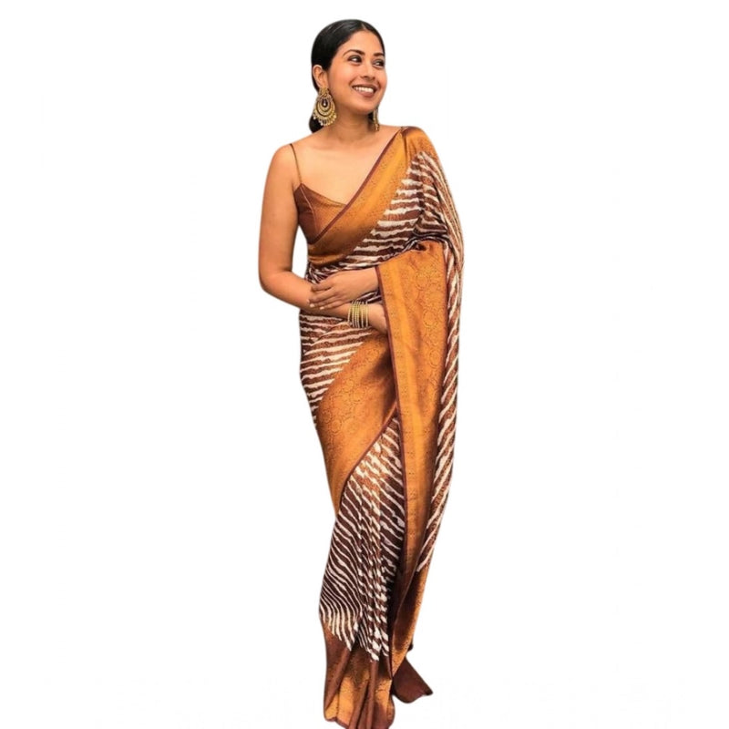 Mayawye Women's Soft Litchi Silk Jacquard Work Saree With Unstitched Blouse 5.5Mtr (Brown)