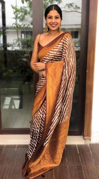 Mayawye Women's Soft Litchi Silk Jacquard Work Saree With Unstitched Blouse 5.5Mtr (Brown)