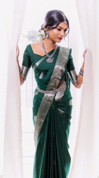 Mayawye Women's Soft Litchi Silk Jacquard Work Saree With Unstitched Blouse 5.5Mtr (Green)