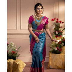 Mayawye Women's Soft Litchi Silk Jacquard Work Saree With Unstitched Blouse 5.5Mtr (Dark Blue)