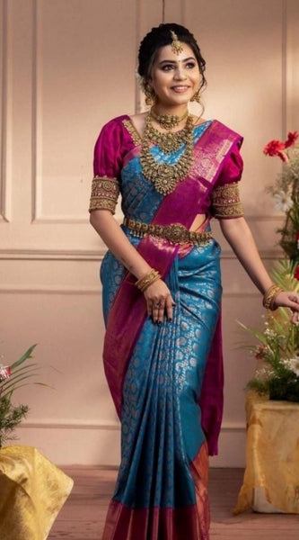 Mayawye Women's Soft Litchi Silk Jacquard Work Saree With Unstitched Blouse 5.5Mtr (Dark Blue)