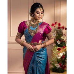 Mayawye Women's Soft Litchi Silk Jacquard Work Saree With Unstitched Blouse 5.5Mtr (Dark Blue)