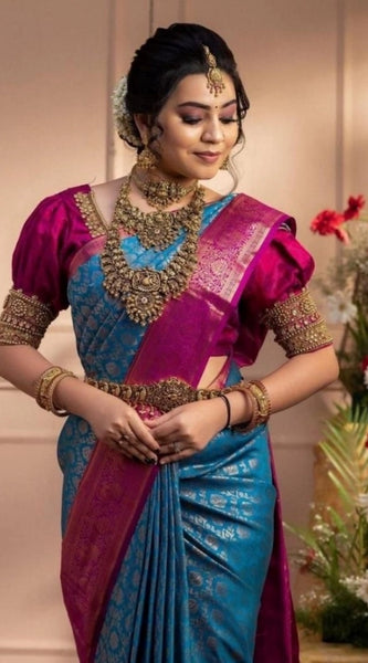 Mayawye Women's Soft Litchi Silk Jacquard Work Saree With Unstitched Blouse 5.5Mtr (Dark Blue)