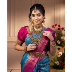 Mayawye Women's Soft Litchi Silk Jacquard Work Saree With Unstitched Blouse 5.5Mtr (Dark Blue)