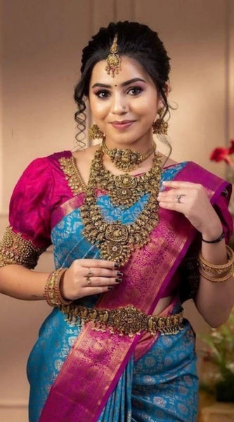 Mayawye Women's Soft Litchi Silk Jacquard Work Saree With Unstitched Blouse 5.5Mtr (Dark Blue)