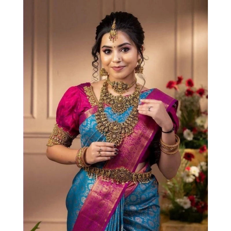 Mayawye Women's Soft Litchi Silk Jacquard Work Saree With Unstitched Blouse 5.5Mtr (Dark Blue)