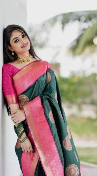 Mayawye Women's Soft Litchi Silk Jacquard Work Saree With Unstitched Blouse 5.5Mtr (Green)
