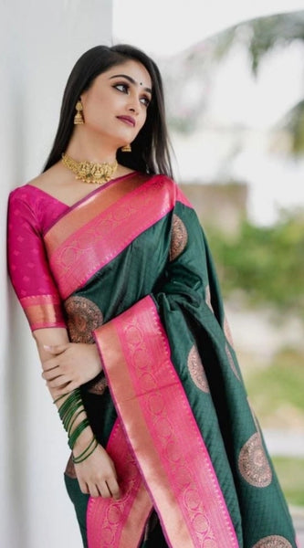 Mayawye Women's Soft Litchi Silk Jacquard Work Saree With Unstitched Blouse 5.5Mtr (Green)