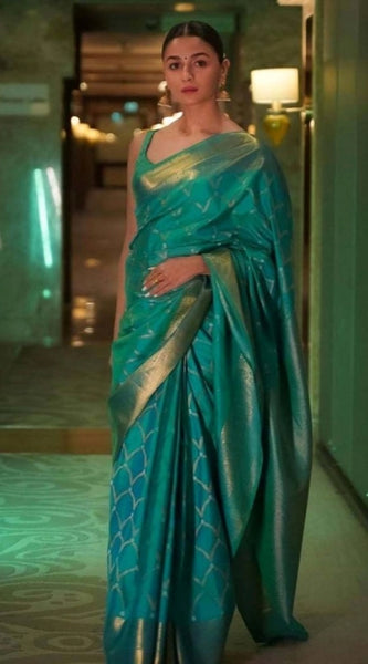 Mayawye Women's Soft Litchi Silk Jacquard Work Saree With Unstitched Blouse 5.5Mtr (Sky Blue)