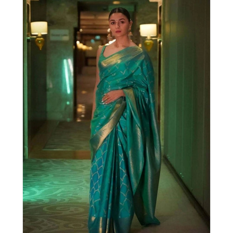 Mayawye Women's Soft Litchi Silk Jacquard Work Saree With Unstitched Blouse 5.5Mtr (Sky Blue)