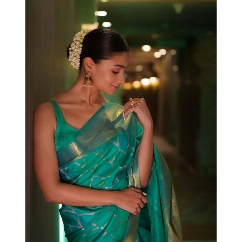 Mayawye Women's Soft Litchi Silk Jacquard Work Saree With Unstitched Blouse 5.5Mtr (Sky Blue)
