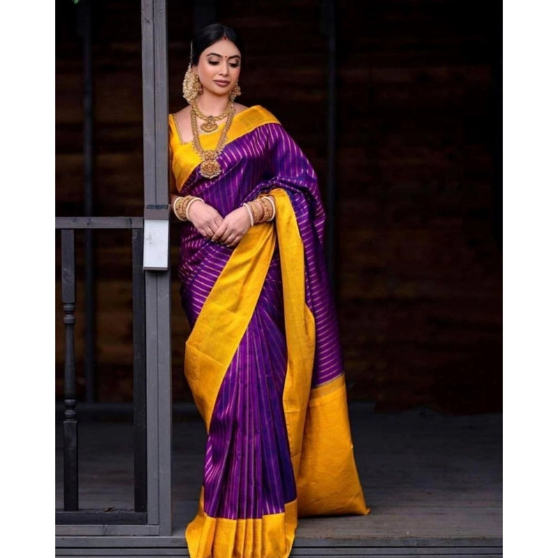 Mayawye Women's Soft Litchi Silk Jacquard Work Saree With Unstitched Blouse 5.5Mtr (Purple)