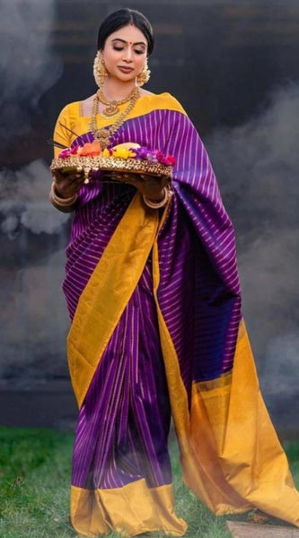 Mayawye Women's Soft Litchi Silk Jacquard Work Saree With Unstitched Blouse 5.5Mtr (Purple)