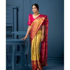 Mayawye Women's Soft Litchi Silk Jacquard Work Saree With Unstitched Blouse 5.5Mtr (Mustard Yellow)
