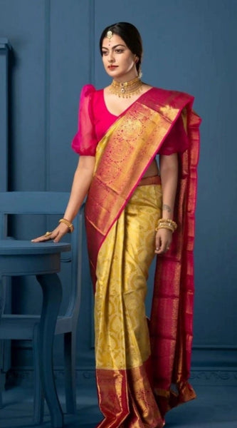 Mayawye Women's Soft Litchi Silk Jacquard Work Saree With Unstitched Blouse 5.5Mtr (Mustard Yellow)