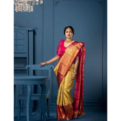 Mayawye Women's Soft Litchi Silk Jacquard Work Saree With Unstitched Blouse 5.5Mtr (Mustard Yellow)