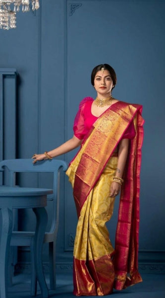 Mayawye Women's Soft Litchi Silk Jacquard Work Saree With Unstitched Blouse 5.5Mtr (Mustard Yellow)
