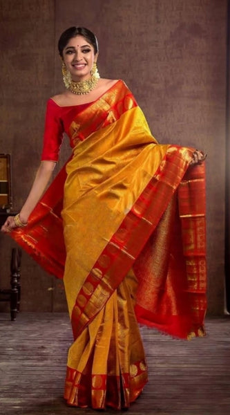Mayawye Women's Soft Litchi Silk Jacquard Work Saree With Unstitched Blouse 5.5Mtr (Mustard Yellow)