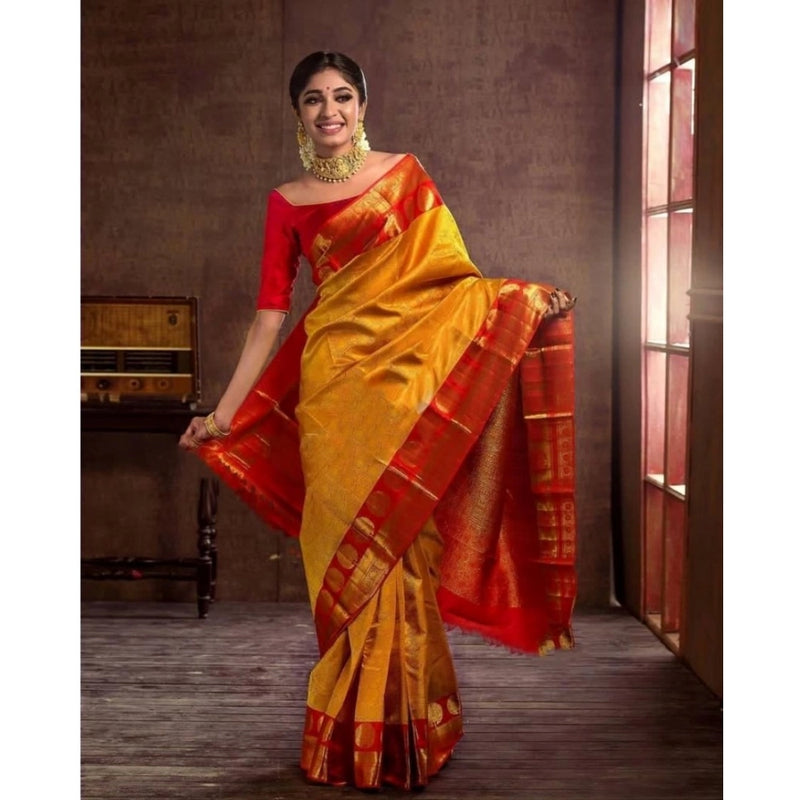 Mayawye Women's Soft Litchi Silk Jacquard Work Saree With Unstitched Blouse 5.5Mtr (Mustard Yellow)