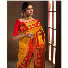 Mayawye Women's Soft Litchi Silk Jacquard Work Saree With Unstitched Blouse 5.5Mtr (Mustard Yellow)