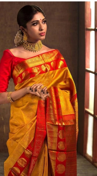 Mayawye Women's Soft Litchi Silk Jacquard Work Saree With Unstitched Blouse 5.5Mtr (Mustard Yellow)