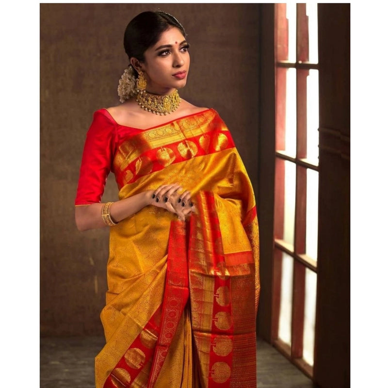 Mayawye Women's Soft Litchi Silk Jacquard Work Saree With Unstitched Blouse 5.5Mtr (Mustard Yellow)